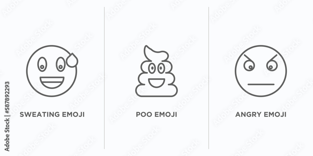 Poster emoji outline icons set. thin line icons such as sweating emoji, poo emoji, angry vector. linear ico