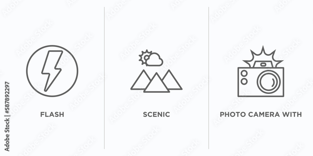 Poster electronic stuff fill outline icons set. thin line icons such as flash, scenic, photo camera with fl
