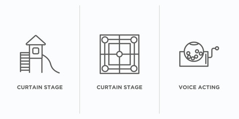 arcade outline icons set. thin line icons such as curtain stage, curtain stage, voice acting vector. linear icon sheet can be used web and mobile