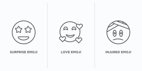 emoji outline icons set. thin line icons such as surprise emoji, love emoji, injured vector. linear icon sheet can be used web and mobile