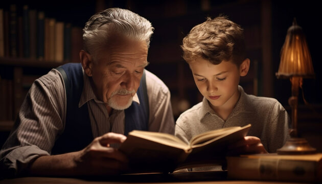 Grandfather holding bible, teaches grandson love, wisdom generated by AI