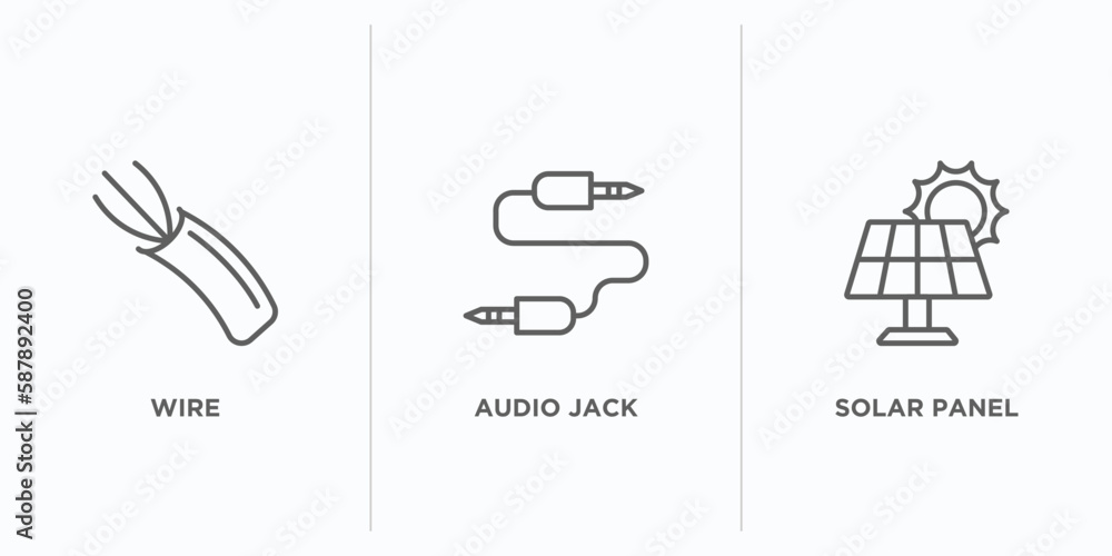 Poster electrian connections outline icons set. thin line icons such as wire, audio jack, solar panel vecto