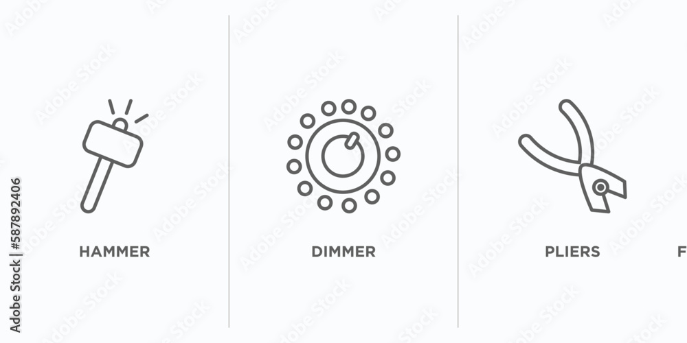 Aufkleber electrian connections outline icons set. thin line icons such as hammer, dimmer, pliers vector. line