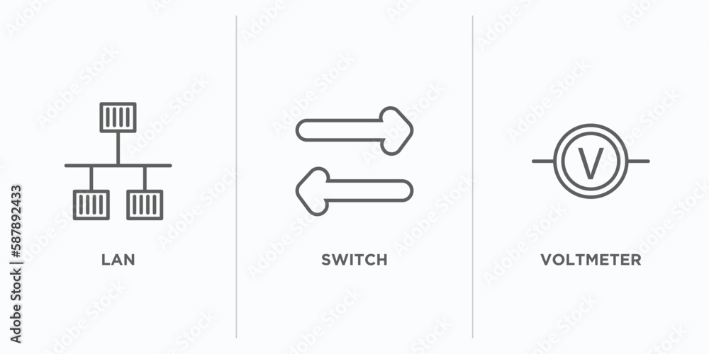 Poster electrian connections outline icons set. thin line icons such as lan, switch, voltmeter vector. line