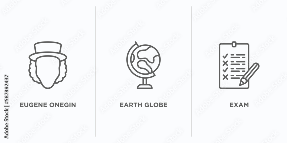 Poster education outline icons set. thin line icons such as eugene onegin, earth globe, exam vector. linear