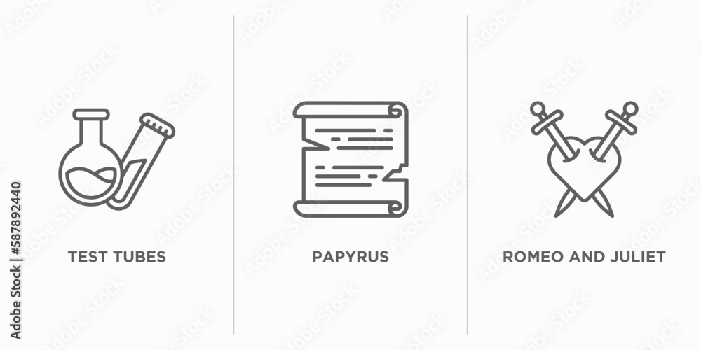 Poster education outline icons set. thin line icons such as test tubes, papyrus, romeo and juliet vector. l