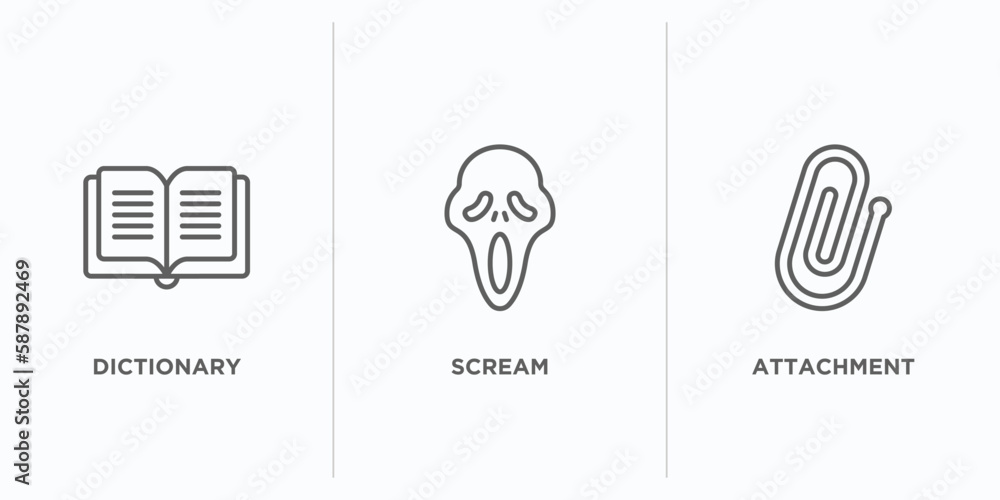 Poster education outline icons set. thin line icons such as dictionary, scream, attachment vector. linear i