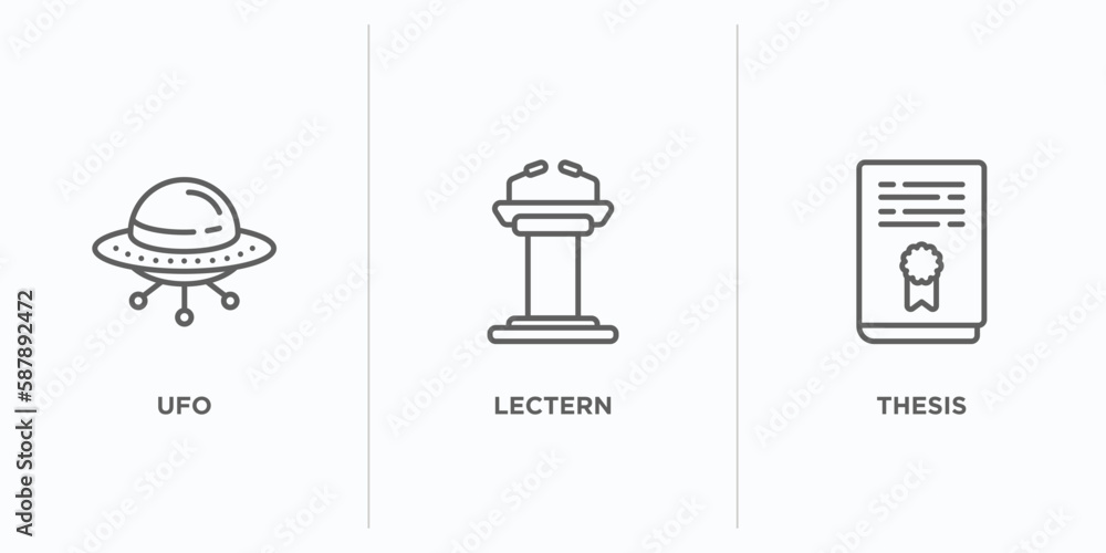 Poster education outline icons set. thin line icons such as ufo, lectern, thesis vector. linear icon sheet 