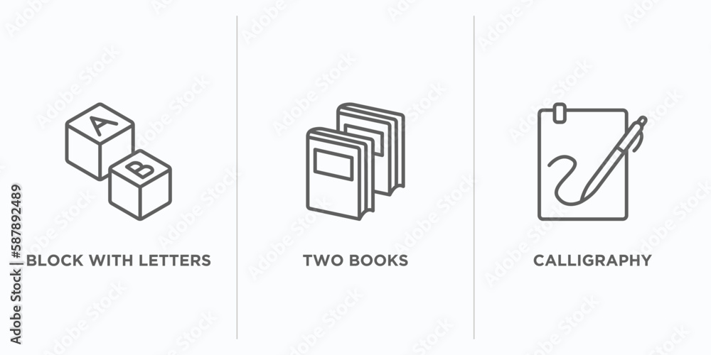 Poster education outline icons set. thin line icons such as block with letters, two books, calligraphy vect