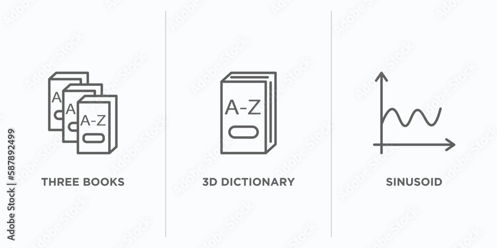 Aufkleber education outline icons set. thin line icons such as three books, 3d dictionary, sinusoid vector. li