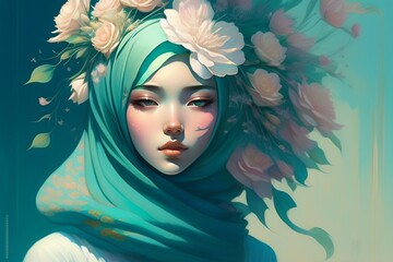 Ilustration Portrait of a Muslim Girl Women Wearing Hijab Head Tosca Green Scarf