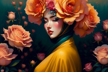 Ilustration Portrait of a Muslim Girl Women Wearing Hijab Head Rose Gold Scarf