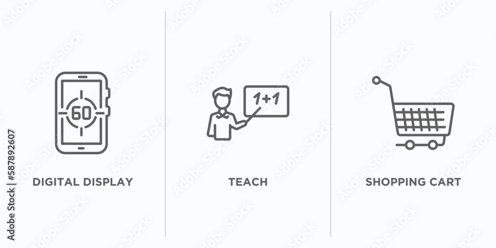 Poster education outline icons set. thin line icons such as digital display 60, teach, shopping cart vector
