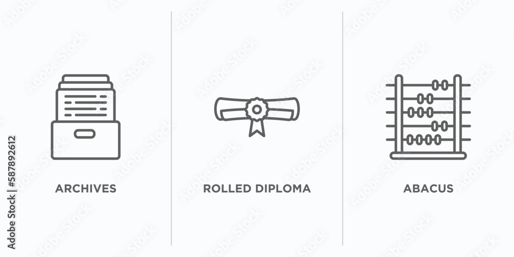 Poster education outline icons set. thin line icons such as archives, rolled diploma, abacus vector. linear