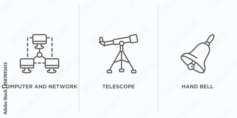 Poster education outline icons set. thin line icons such as computer and network, telescope, hand bell vect