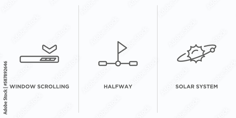 Poster education outline icons set. thin line icons such as window scrolling left, halfway, solar system ve