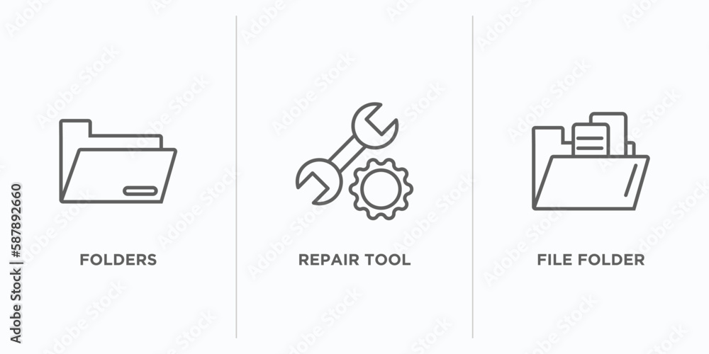 Poster edit tools outline icons set. thin line icons such as folders, repair tool, file folder vector. line