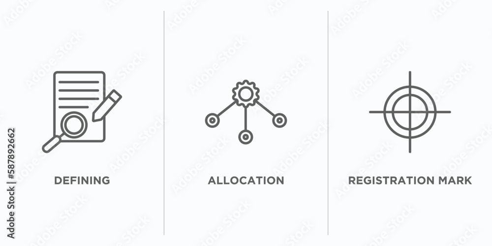 Poster edit tools outline icons set. thin line icons such as defining, allocation, registration mark vector