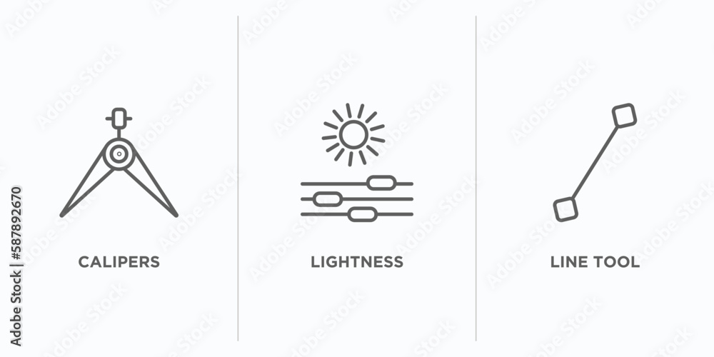 Poster edit tools outline icons set. thin line icons such as calipers, lightness, line tool vector. linear 