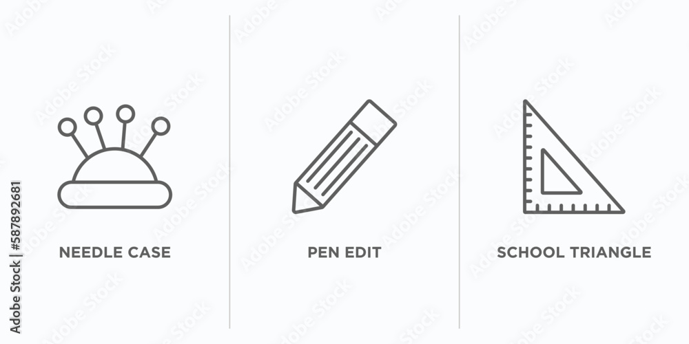 Poster edit tools outline icons set. thin line icons such as needle case, pen edit, school triangle vector.