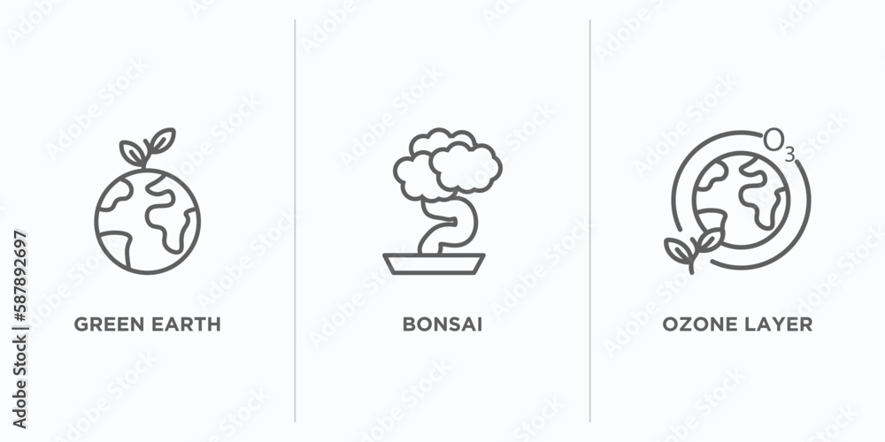 Aufkleber ecology outline icons set. thin line icons such as green earth, bonsai, ozone layer vector. linear i