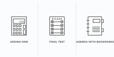 education outline icons set. thin line icons such as adding hine, final test, agenda with bookmarks vector. linear icon sheet can be used web and mobile