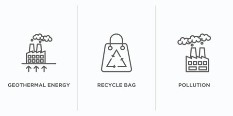 ecology outline icons set. thin line icons such as geothermal energy, recycle bag, pollution vector. linear icon sheet can be used web and mobile