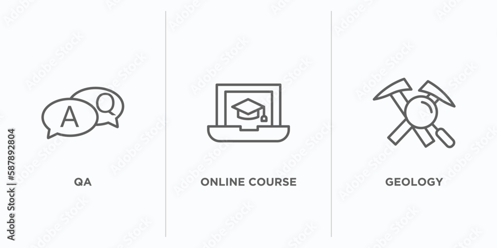 Aufkleber e learning and education outline icons set. thin line icons such as qa, online course, geology vecto