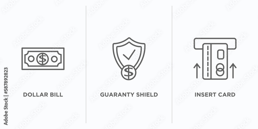 Poster e commerce and payment outline icons set. thin line icons such as dollar bill, guaranty shield, inse