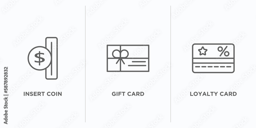 Poster e commerce and payment outline icons set. thin line icons such as insert coin, gift card, loyalty ca