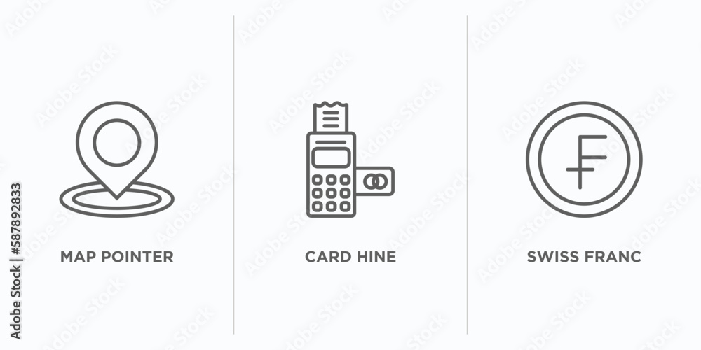 Poster e commerce and payment outline icons set. thin line icons such as map pointer, card hine, swiss fran