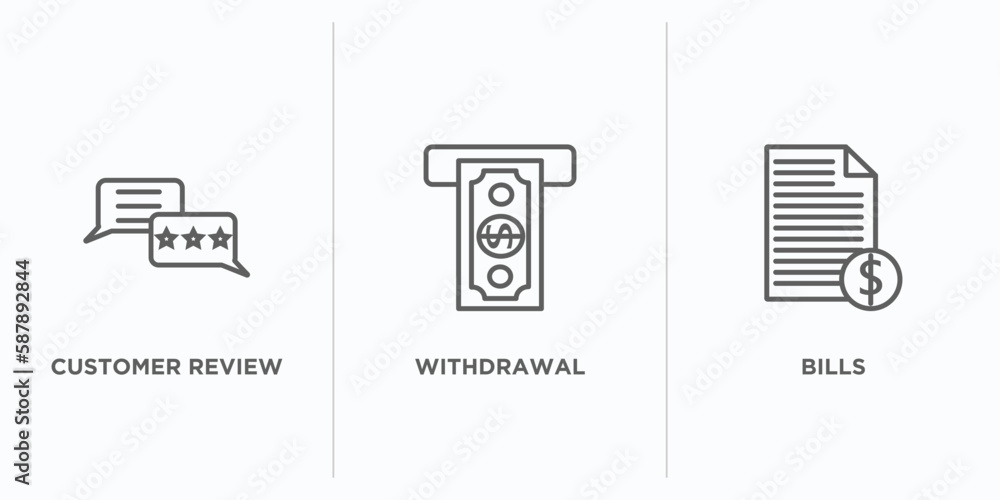 Poster e commerce and payment outline icons set. thin line icons such as customer review, withdrawal, bills