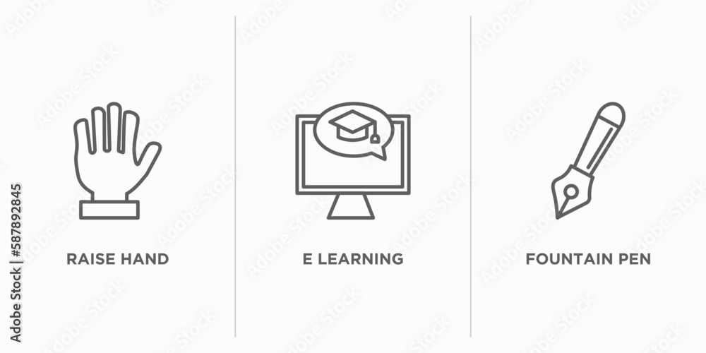 Poster e learning and education outline icons set. thin line icons such as raise hand, e learning, fountain