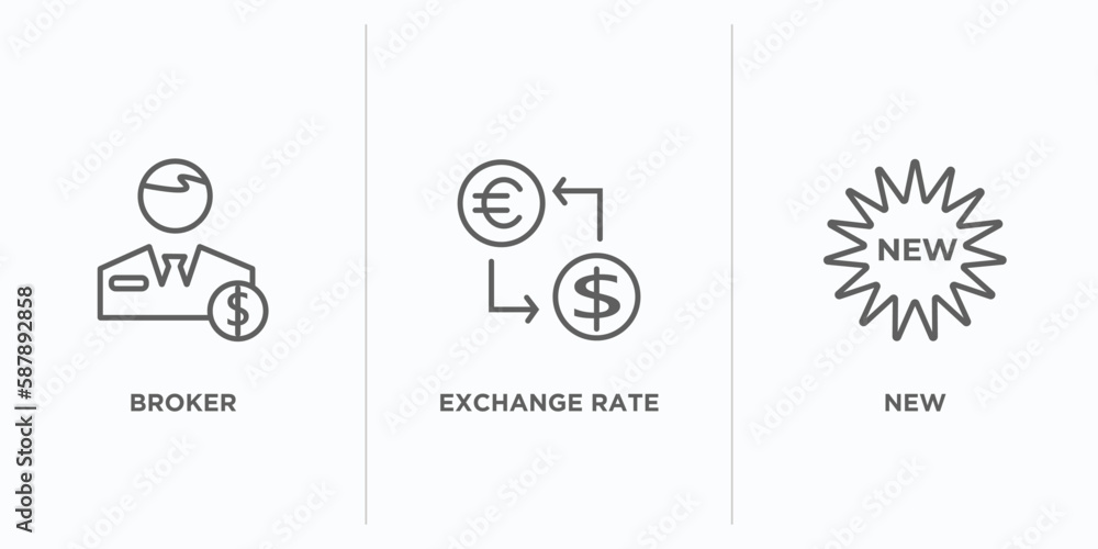 Poster e commerce and payment outline icons set. thin line icons such as broker, exchange rate, new vector.