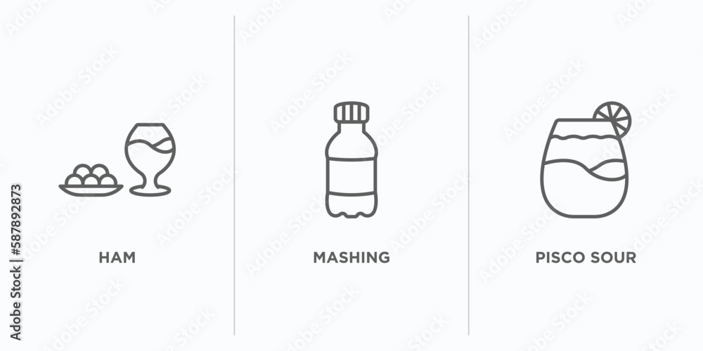 Poster drinks outline icons set. thin line icons such as ham, mashing, pisco sour vector. linear icon sheet