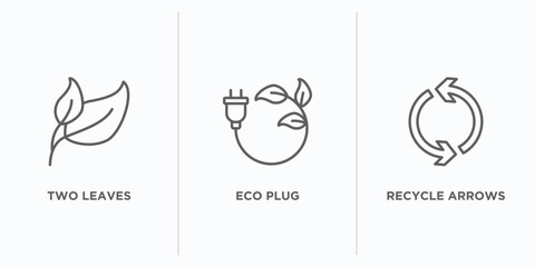 ecology outline icons set. thin line icons such as two leaves, eco plug, recycle arrows vector. linear icon sheet can be used web and mobile