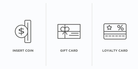 e commerce and payment outline icons set. thin line icons such as insert coin, gift card, loyalty card vector. linear icon sheet can be used web and mobile