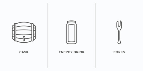 drinks outline icons set. thin line icons such as cask, energy drink, forks vector. linear icon sheet can be used web and mobile