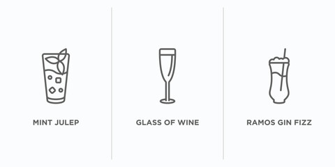 drinks outline icons set. thin line icons such as mint julep, glass of wine, ramos gin fizz vector. linear icon sheet can be used web and mobile