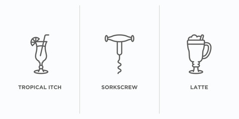 drinks outline icons set. thin line icons such as tropical itch, sorkscrew, latte vector. linear icon sheet can be used web and mobile