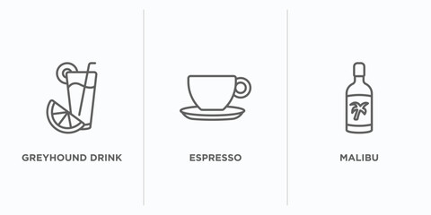 drinks outline icons set. thin line icons such as greyhound drink, espresso, malibu vector. linear icon sheet can be used web and mobile