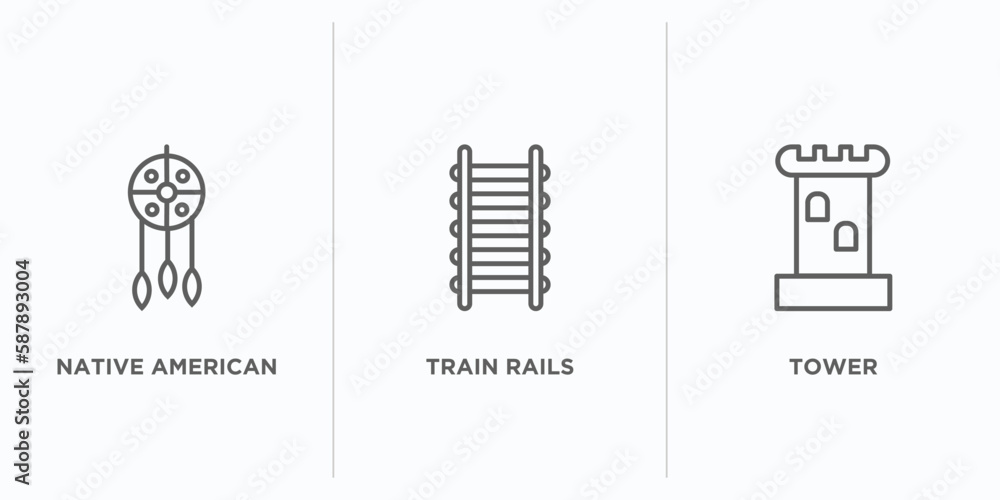 Poster desert outline icons set. thin line icons such as native american, train rails, tower vector. linear