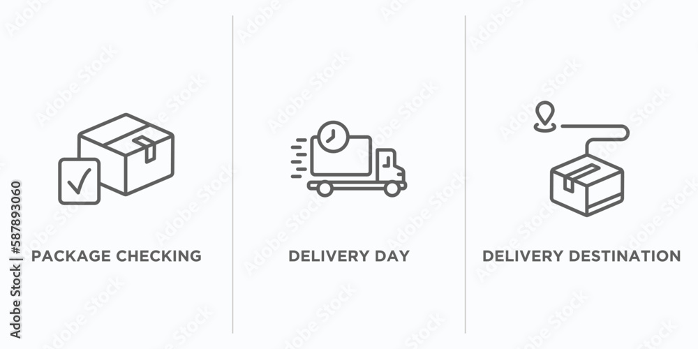 Poster delivery and logistic outline icons set. thin line icons such as package checking, delivery day, del