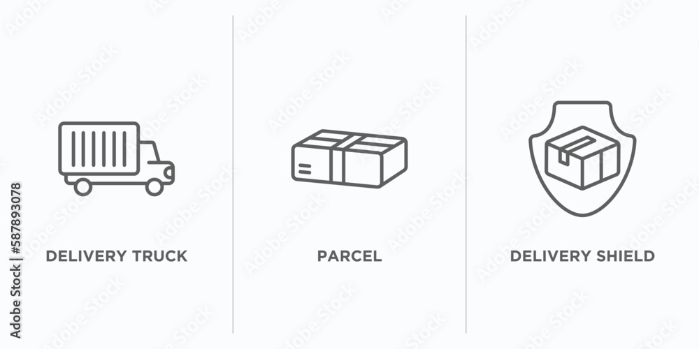 Poster delivery and logistic outline icons set. thin line icons such as delivery truck, parcel, delivery sh