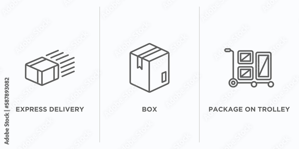 Poster delivery and logistic outline icons set. thin line icons such as express delivery, box, package on t