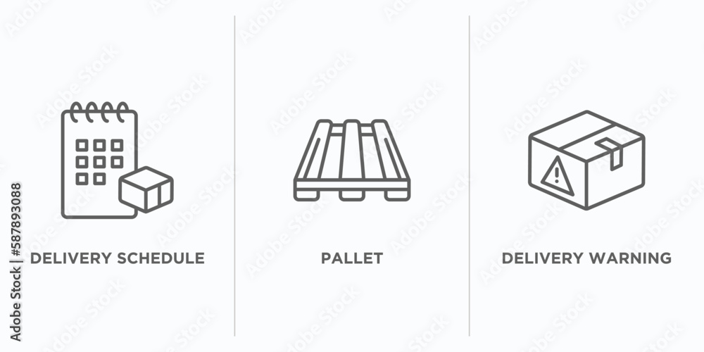 Poster delivery and logistic outline icons set. thin line icons such as delivery schedule, pallet, delivery