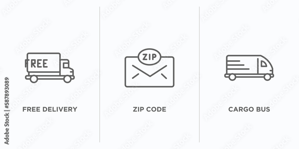 Poster delivery and logistic outline icons set. thin line icons such as free delivery, zip code, cargo bus 