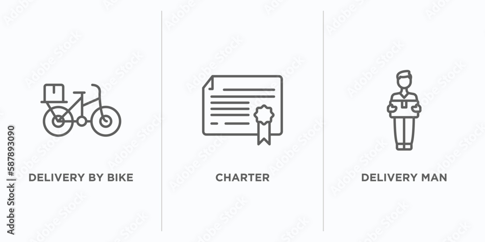 Aufkleber delivery and logistic outline icons set. thin line icons such as delivery by bike, charter, delivery