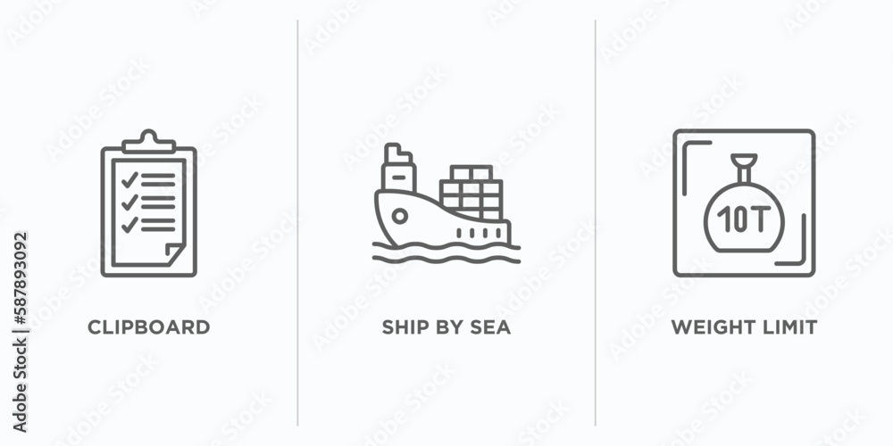 Poster delivery and logistic outline icons set. thin line icons such as clipboard, ship by sea, weight limi