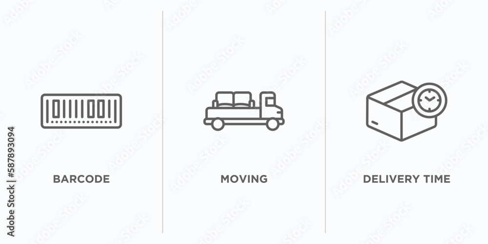 Poster delivery and logistic outline icons set. thin line icons such as barcode, moving, delivery time vect